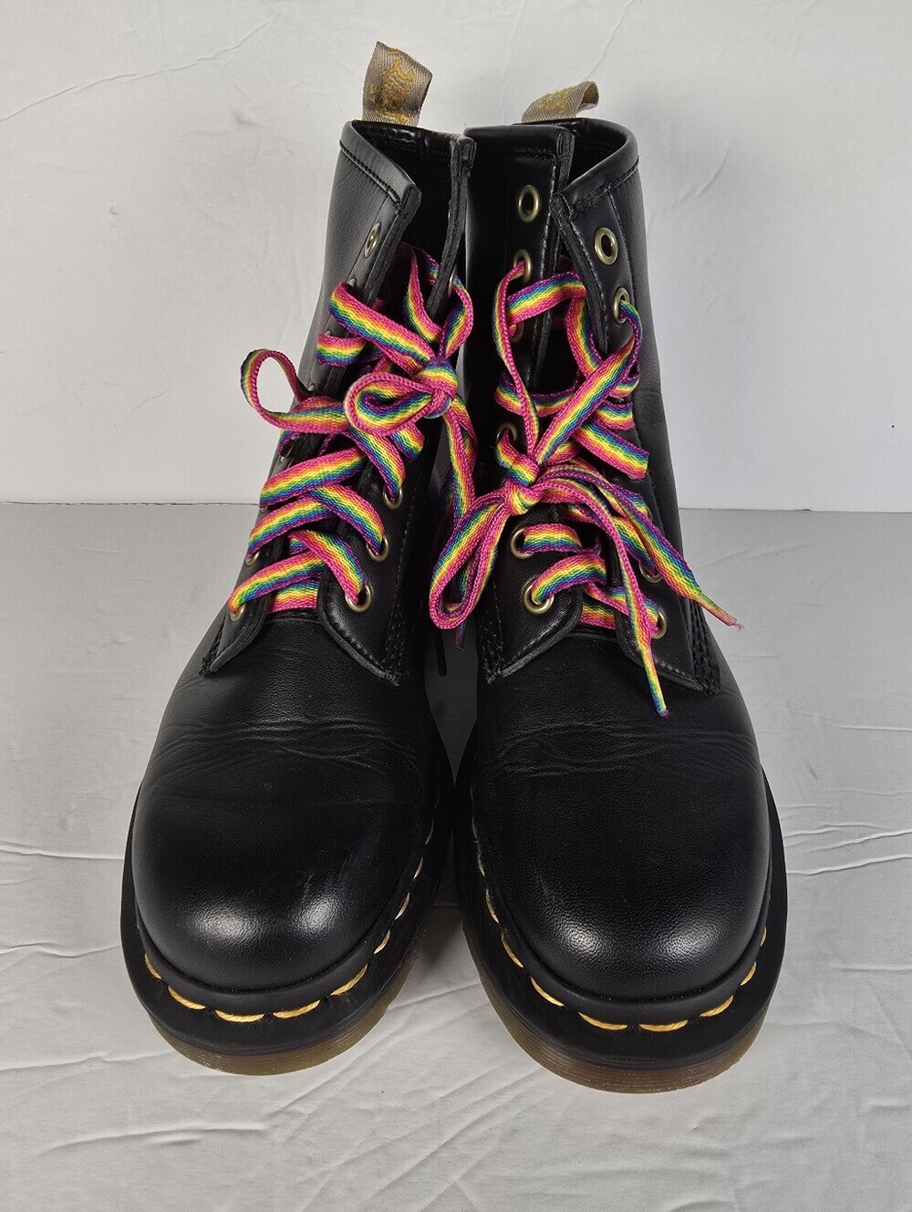 Dr. Martens 1460 Girls Black Lace Up Boots Featuring Rainbow Flat Laces Size 4